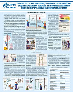 Стенд Проверка отсутствия напряжения, установка и снятие переносных защитных заземлений, включение и отключение заземляющих ножей в электроустановках напряжением свыше 1000В, плакат, логотип, голубой фон. (800х1 000; Пластик ПВХ 4 мм; Алюминиевый профиль)